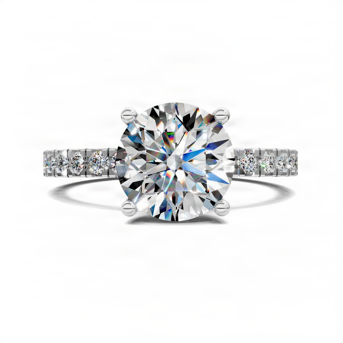 Round diamond engagement ring with pavé band and hidden halo in white metal