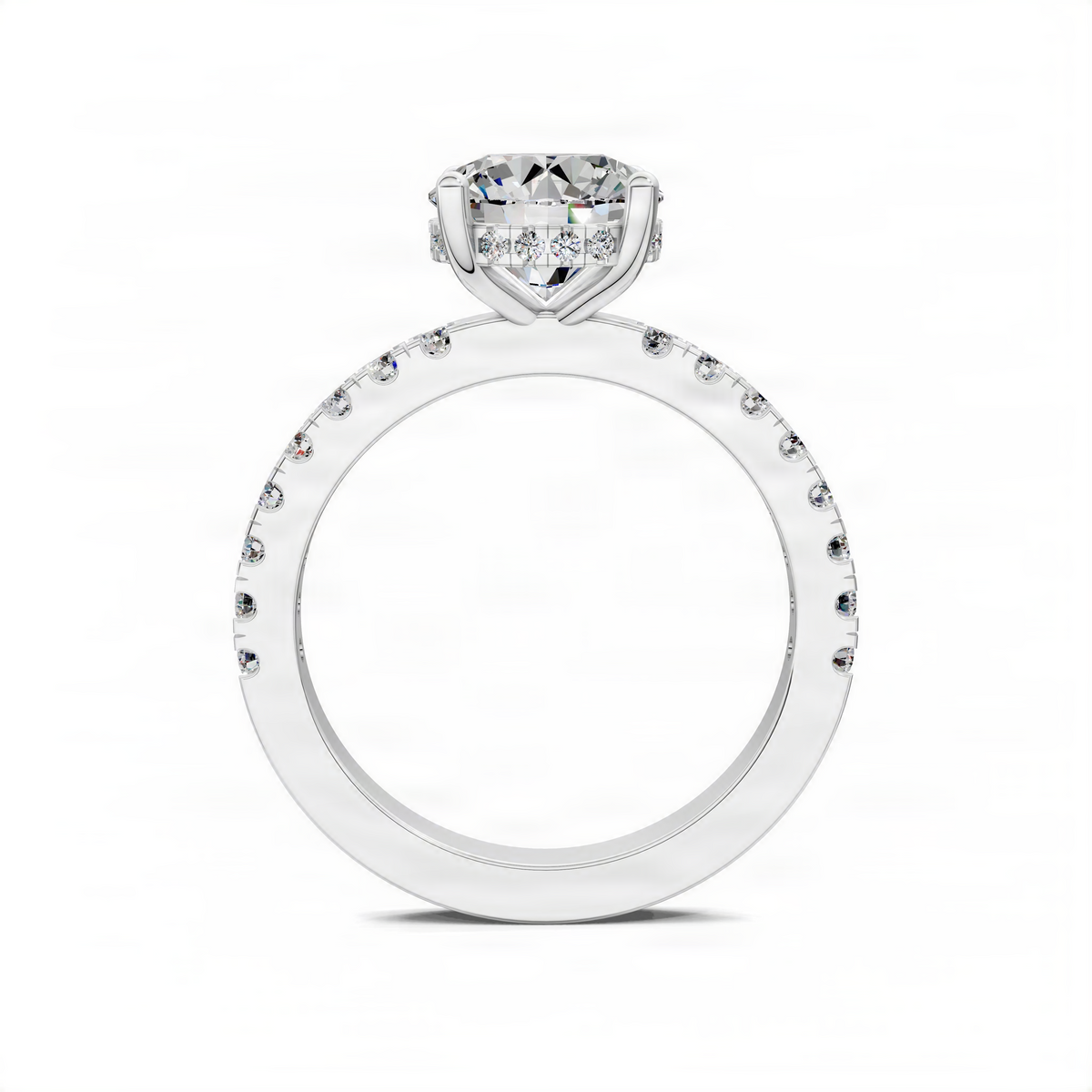 Round pavé engagement ring with hidden halo in white metal
