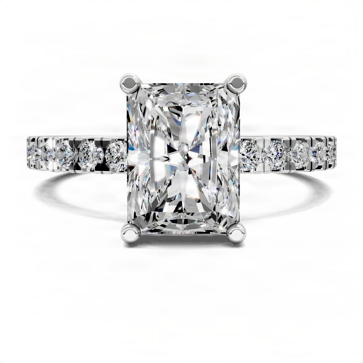 Petite engagement ring with square center stone, hidden halo, and pave band in silver-tone metal