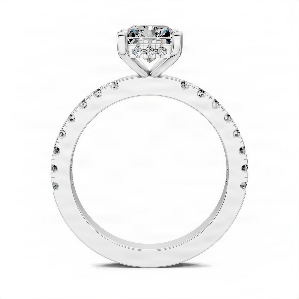 Petite hidden-halo engagement ring shown from side, square center stone and pave details in silver-tone