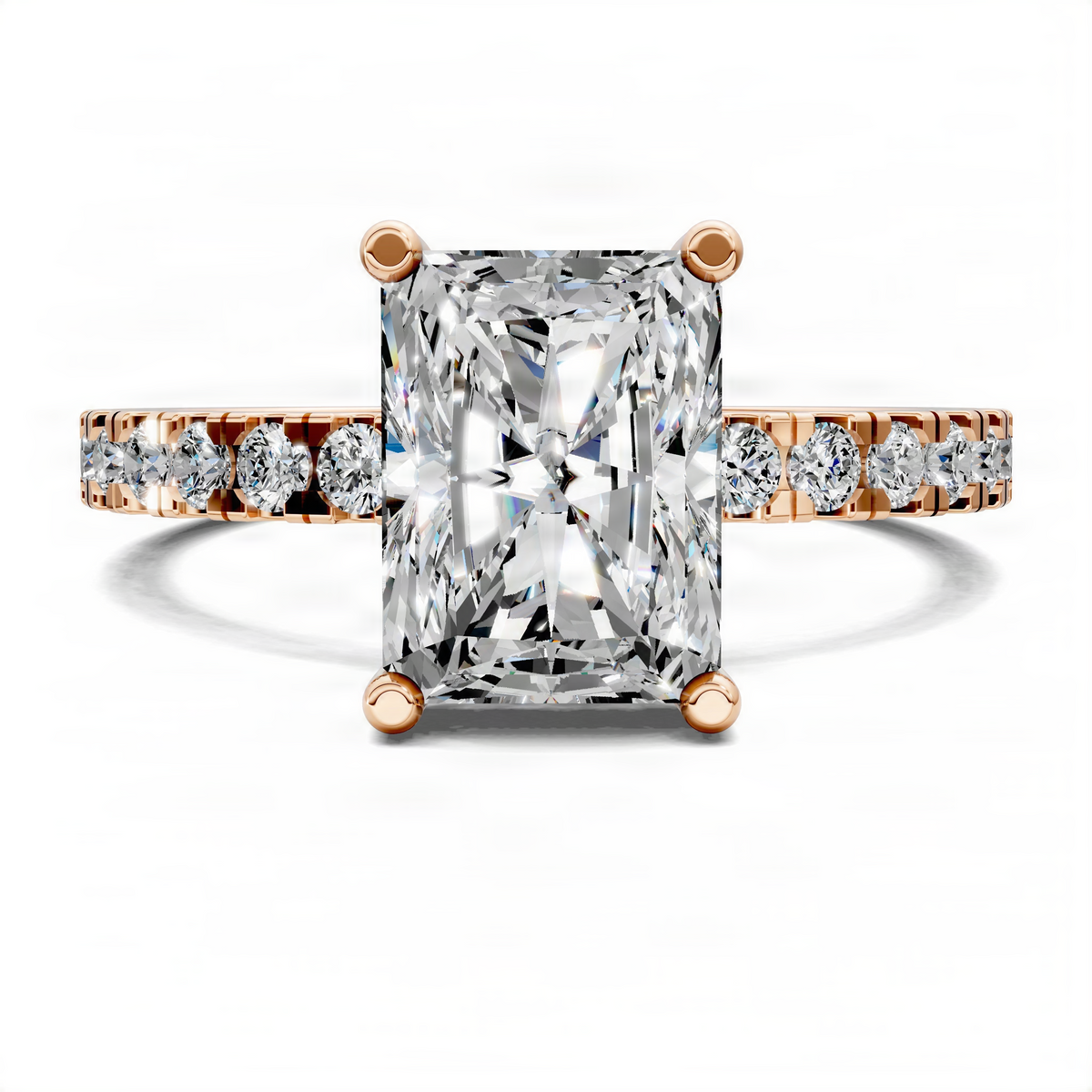 Radiant-cut engagement ring in rose gold with pavé band and hidden halo