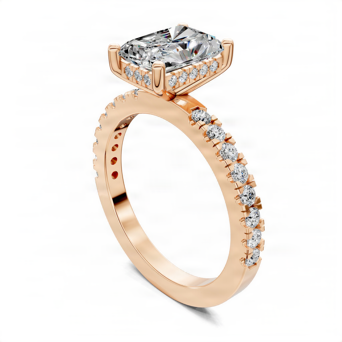 Rose gold engagement ring with oval center stone, hidden halo, and pavé band
