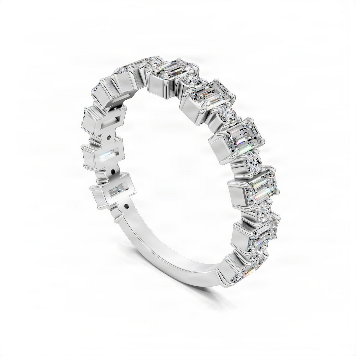White gold alternating wedding band with rectangular prong-set diamonds, angled view