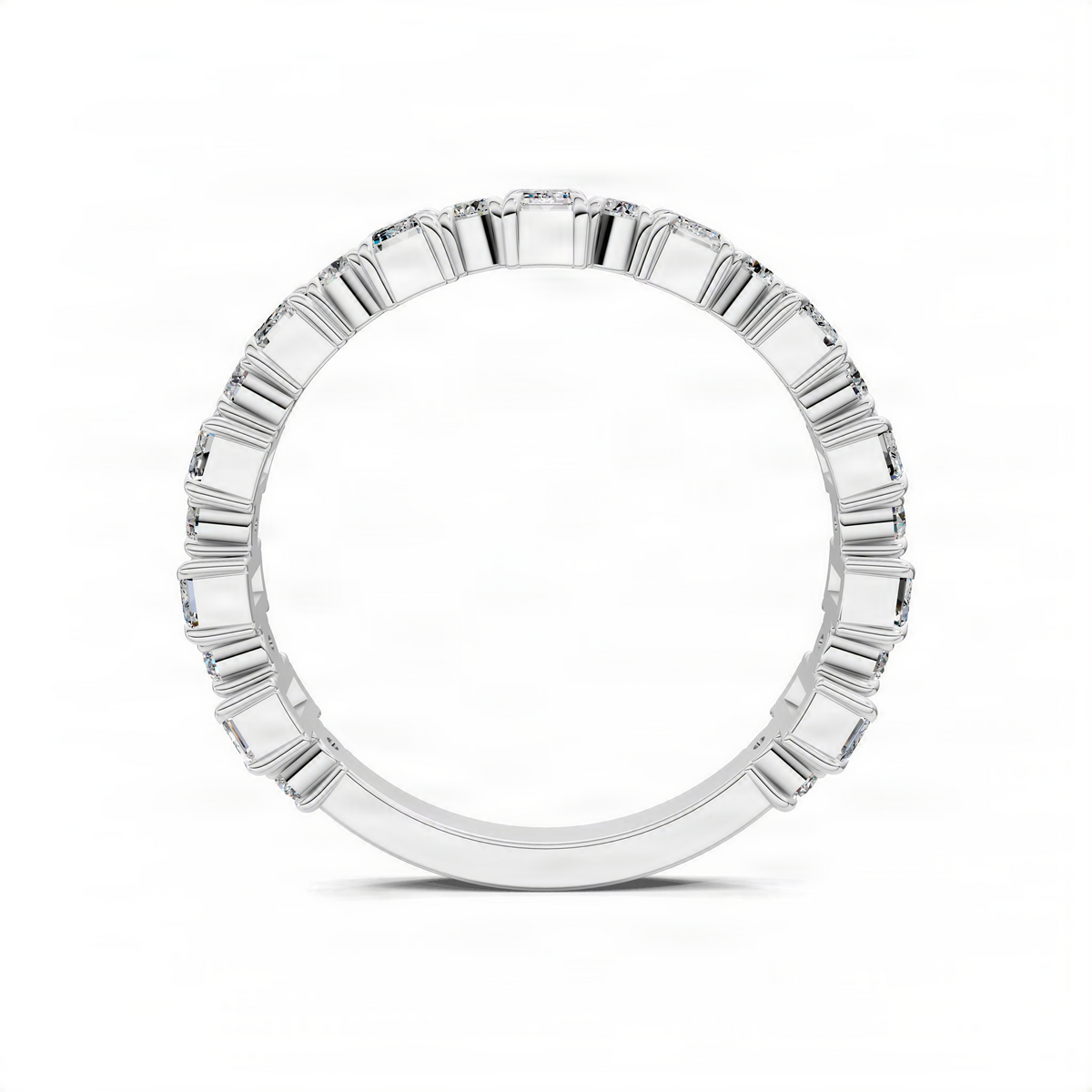 White gold alternating wedding band, top view with rectangular prong-set diamonds