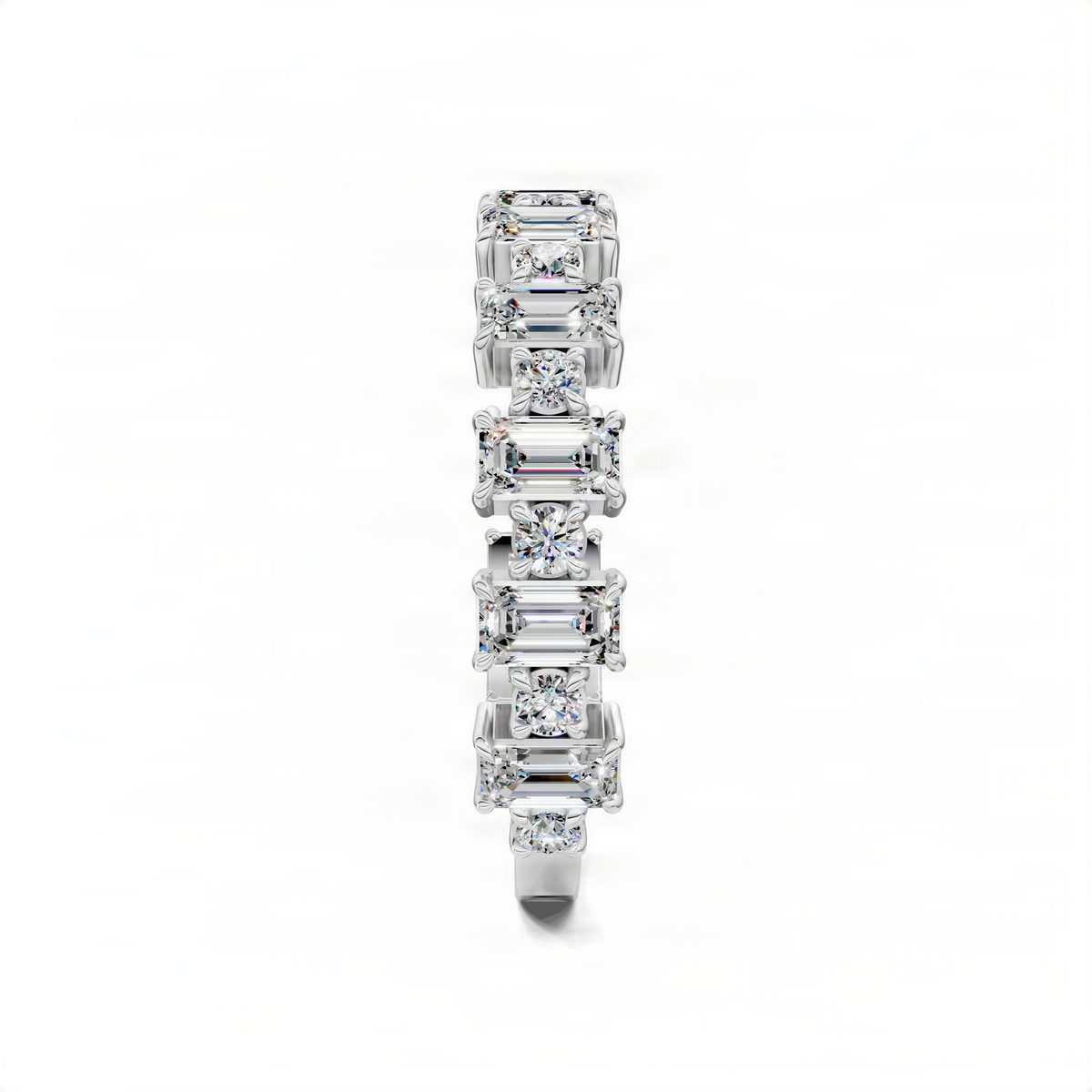 White gold alternating wedding band with rectangular prong-set diamonds, vertical view