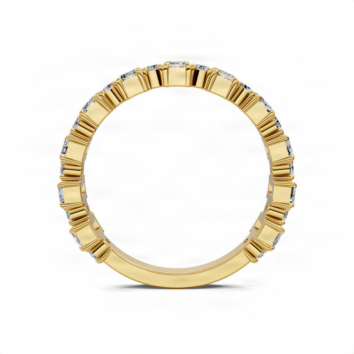 Yellow gold alternating wedding band, top view with rectangular prong-set diamonds
