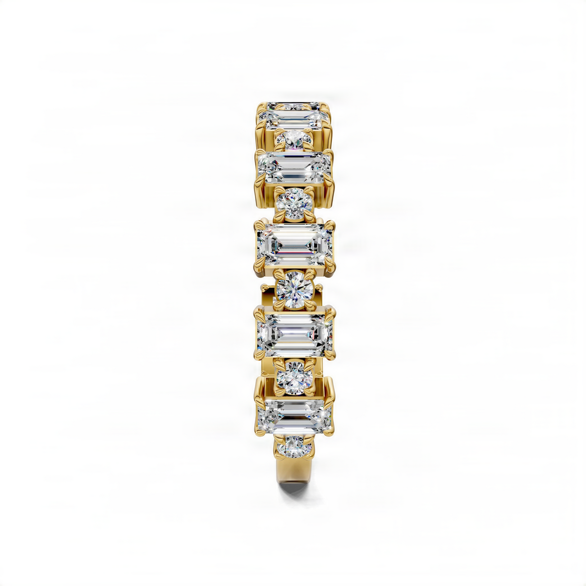 Yellow gold alternating band with rectangular prong-set diamonds, side view