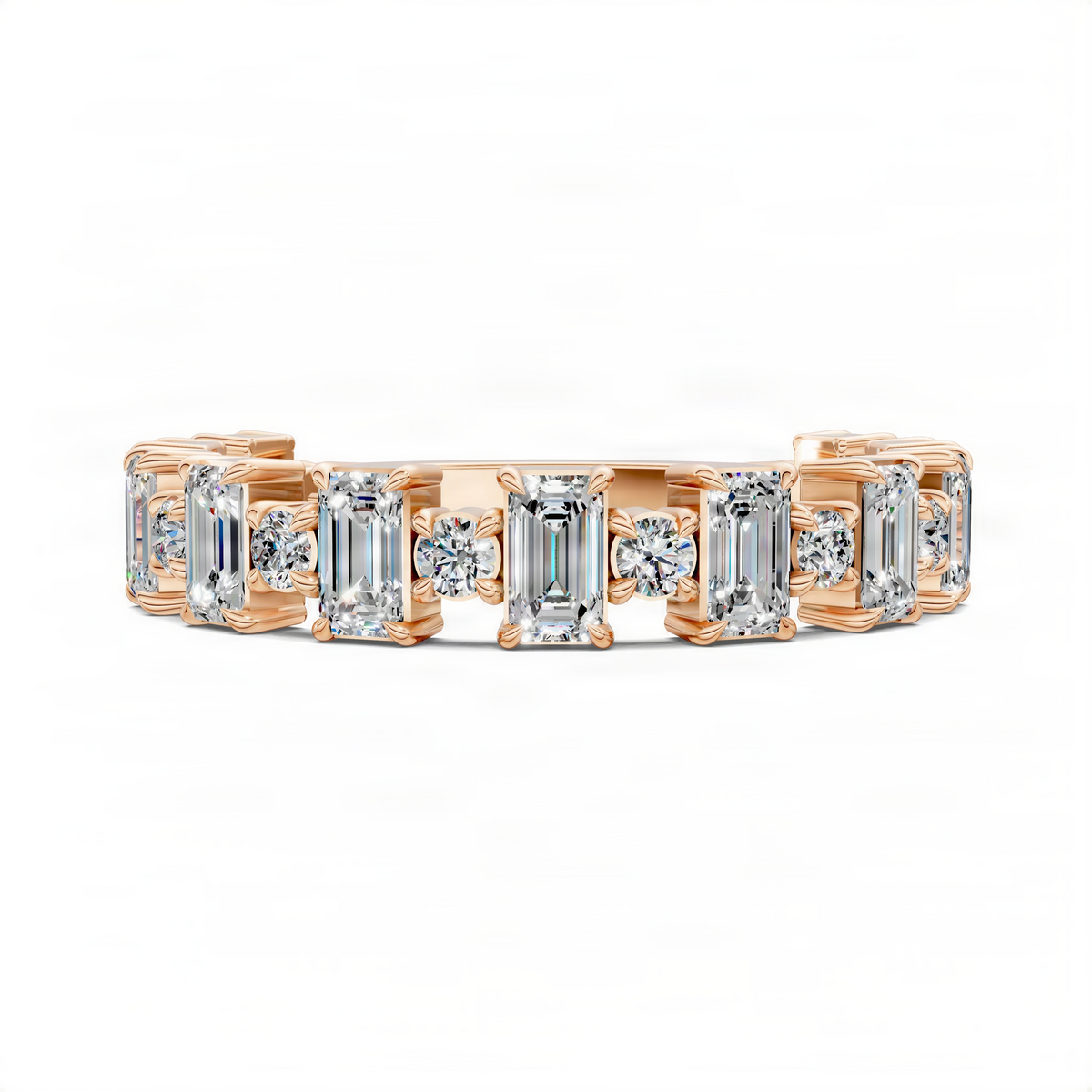 Alternating rose and white gold wedding band with rectangular prong-set diamonds
