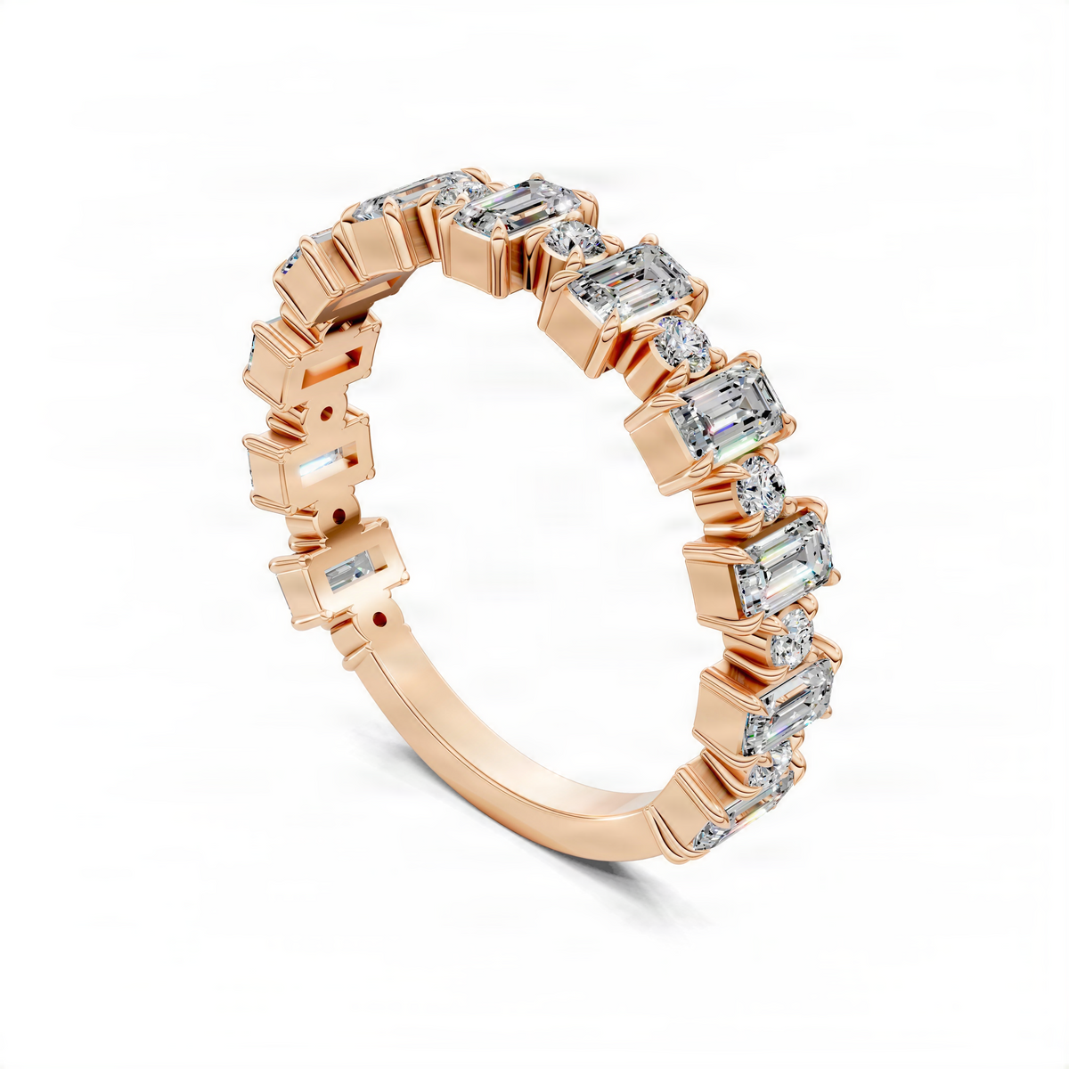 Rose gold alternating wedding band with baguette and round diamond accents