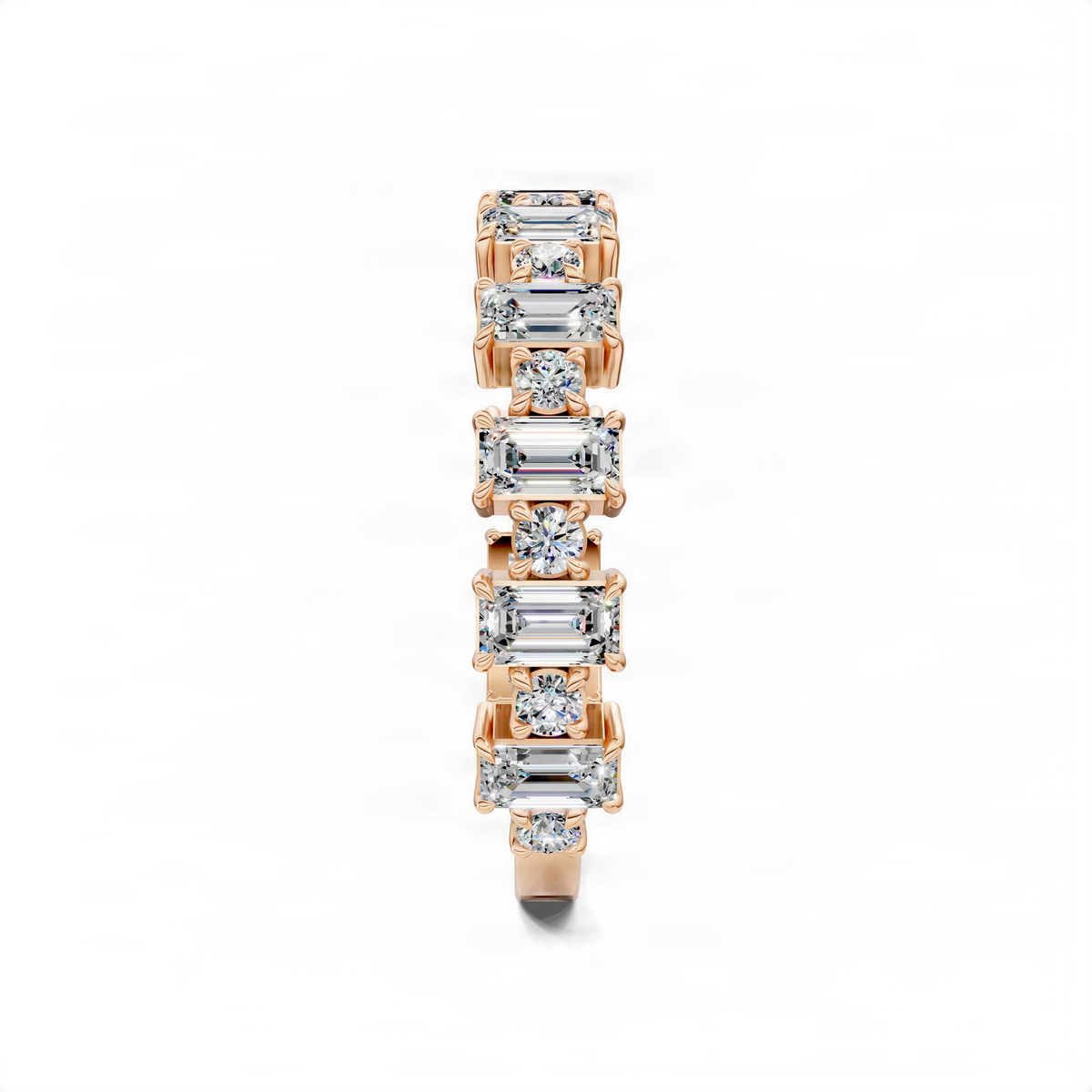 Rose gold alternating band with rectangular prong-set diamonds, side view