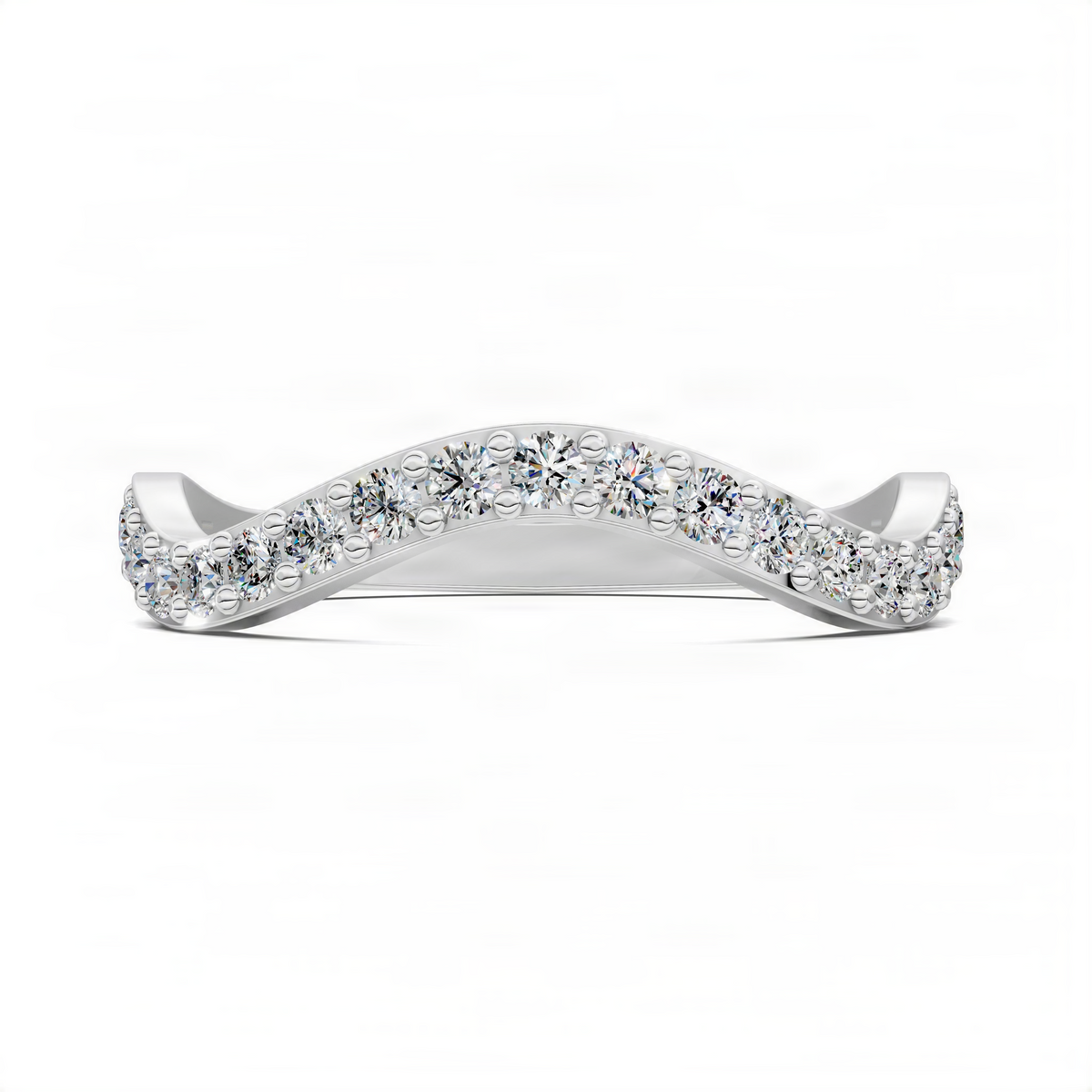 Curved diamond band ring in white metal with pavé stones