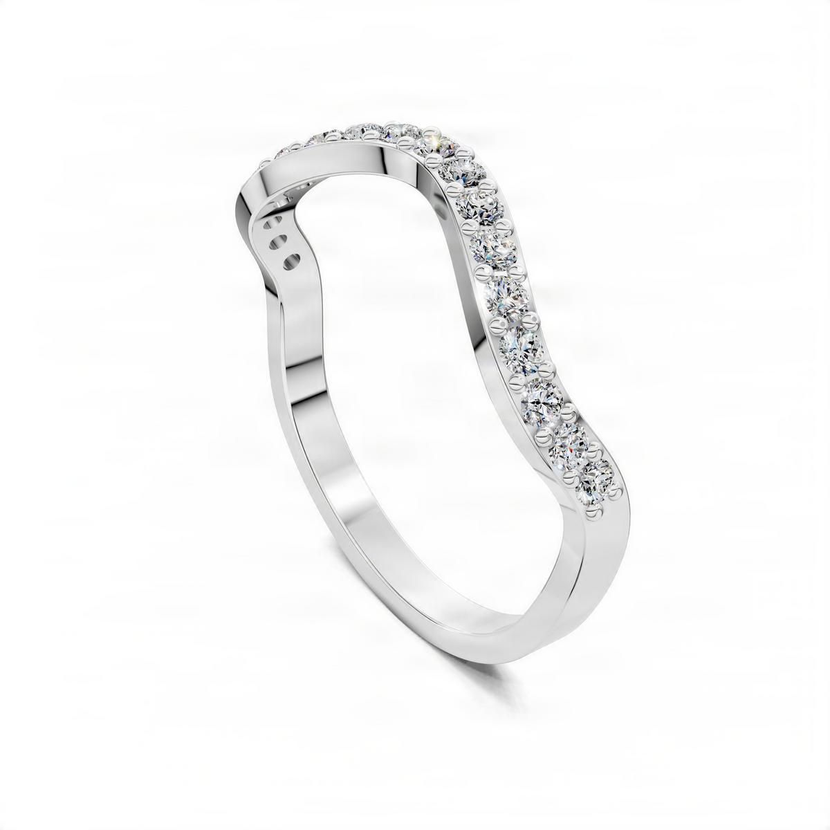 Curved white gold band with pavé diamonds along the top