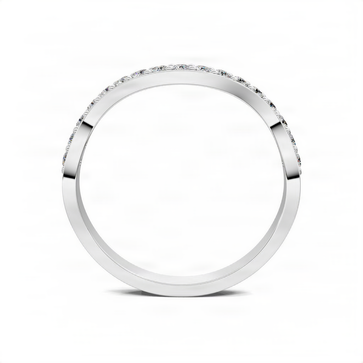 White gold curved band ring with pavé stones