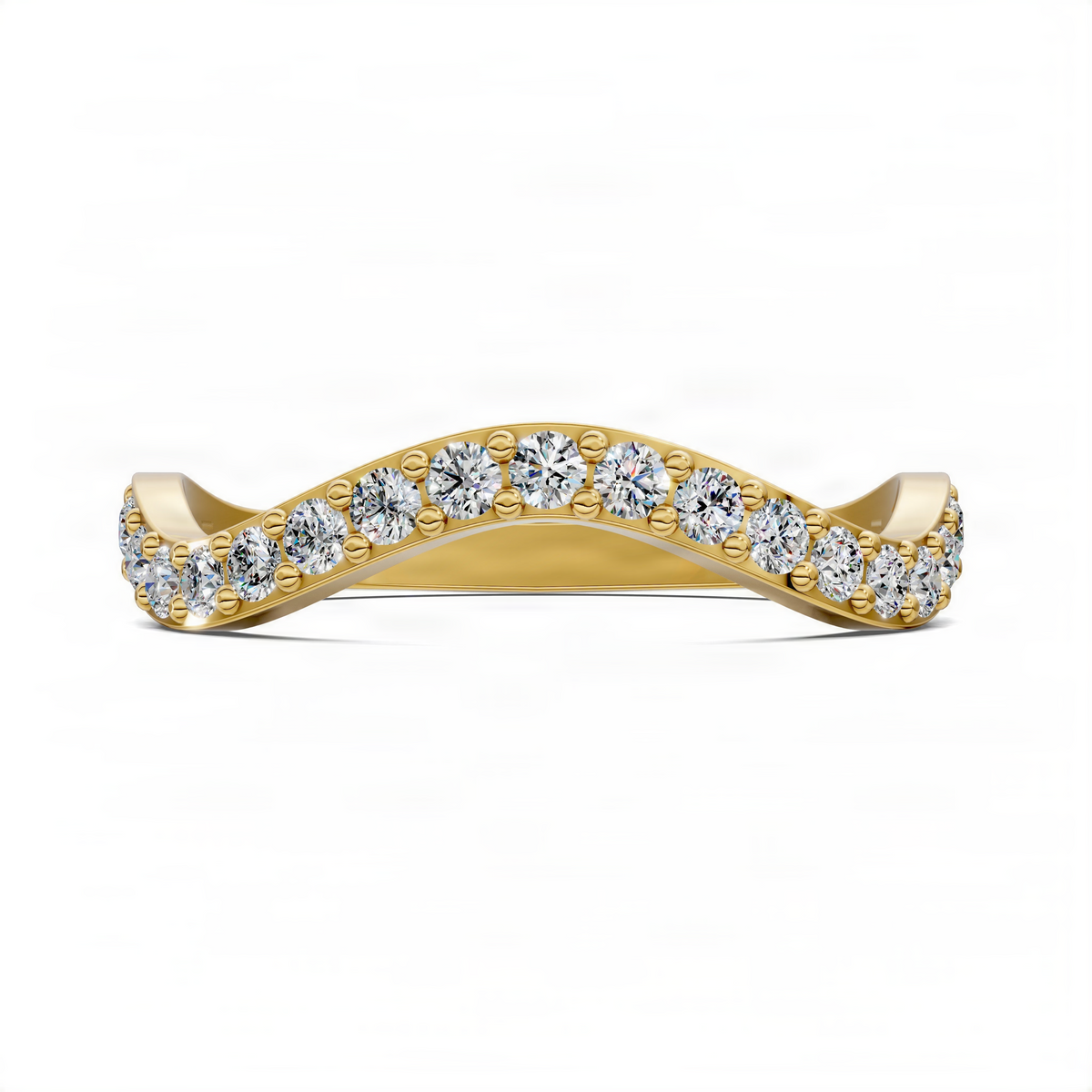 Curved yellow gold band with pavé round diamonds