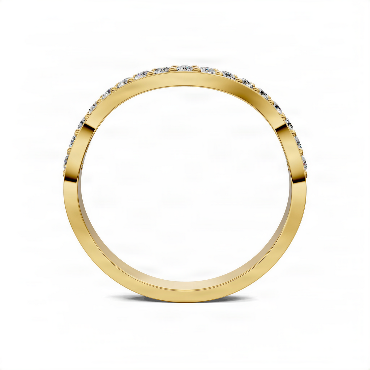 Yellow gold curved band ring with small pavé stones along the top