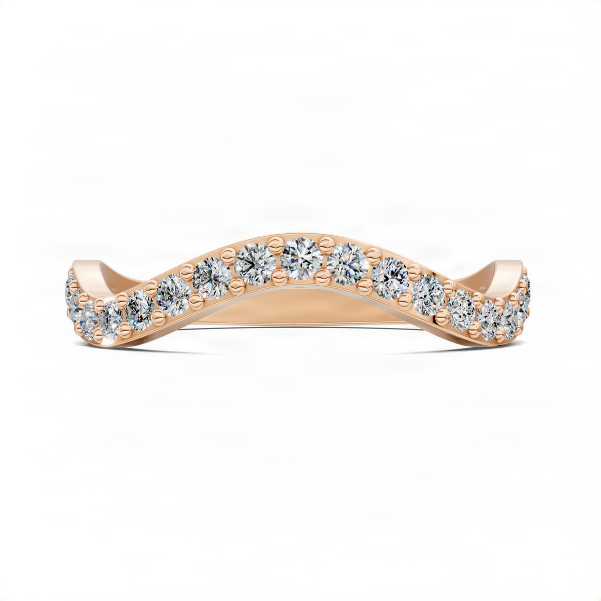 Curved rose gold band ring with pavé-set round diamonds