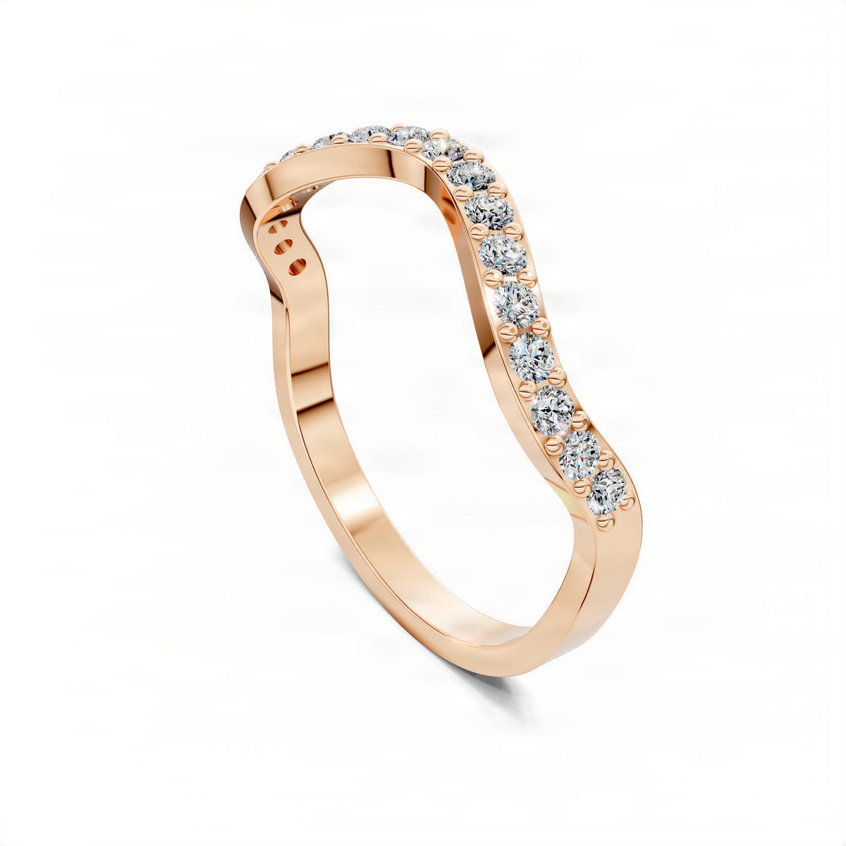 Curved rose gold ring band with pavé-set round stones