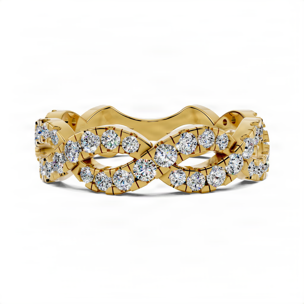 Yellow gold twisted band ring with interwoven diamond links