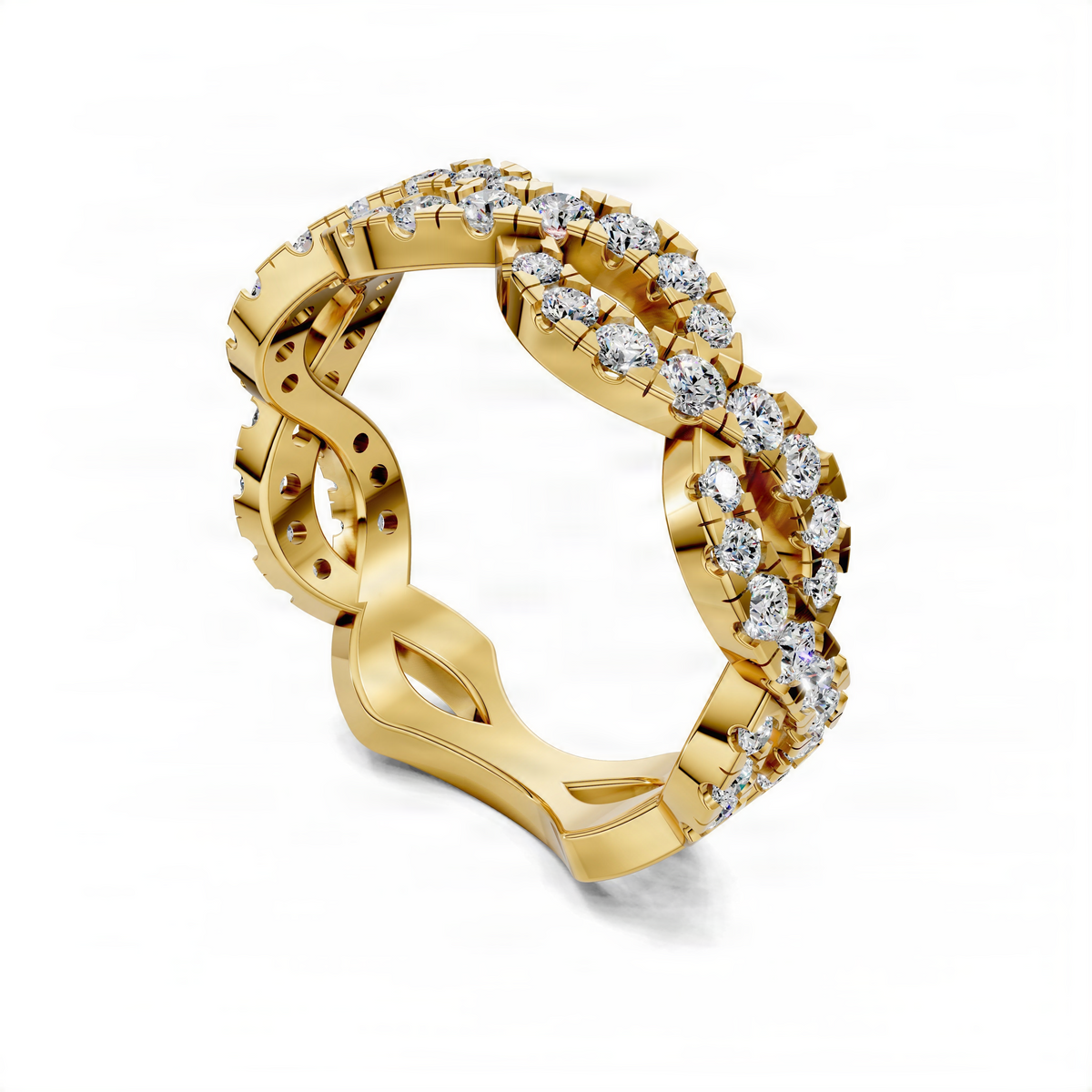 Twisted yellow gold band ring with pavé diamonds