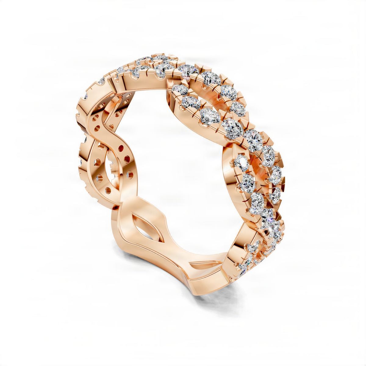Twisted rose gold band ring with pavé diamonds