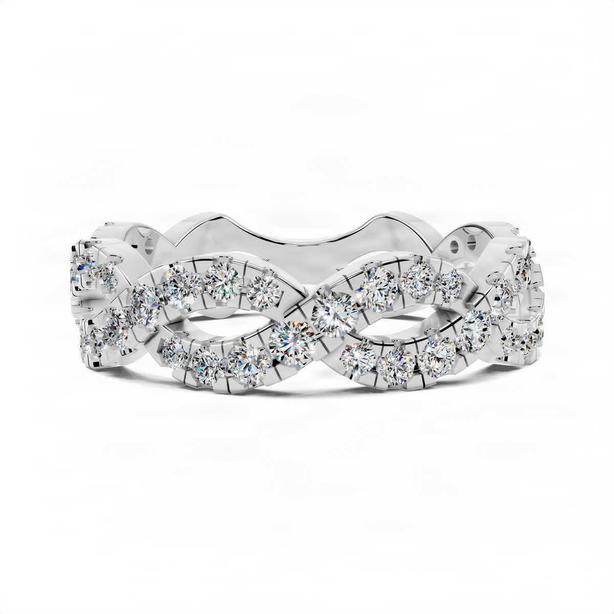 Twisted diamond band ring in white metal with interwoven links