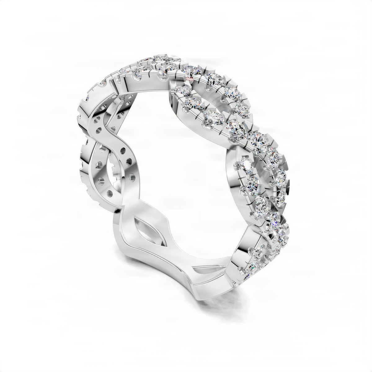 Twisted white gold band ring with pavé-set diamonds