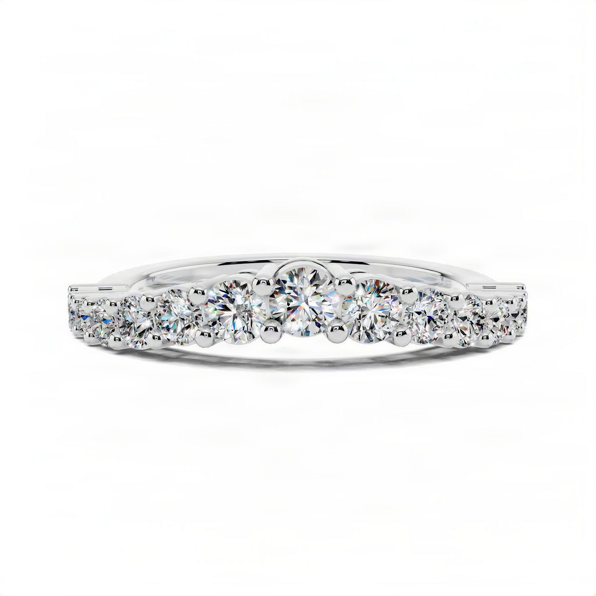 White gold slim ring featuring round diamond-like stones across the top