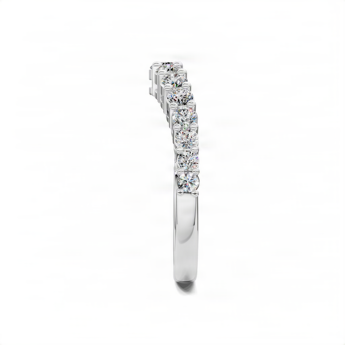 Platinum-tone white gold eternity ring with round diamond-like stones in bezel settings