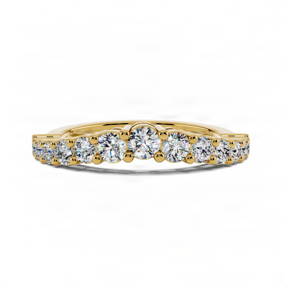 Yellow gold slim ring featuring round diamond-like stones across the top