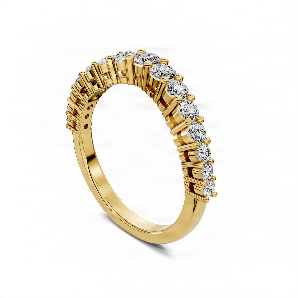 Gold-tone ring band with clear round stones on the outer edge, side view