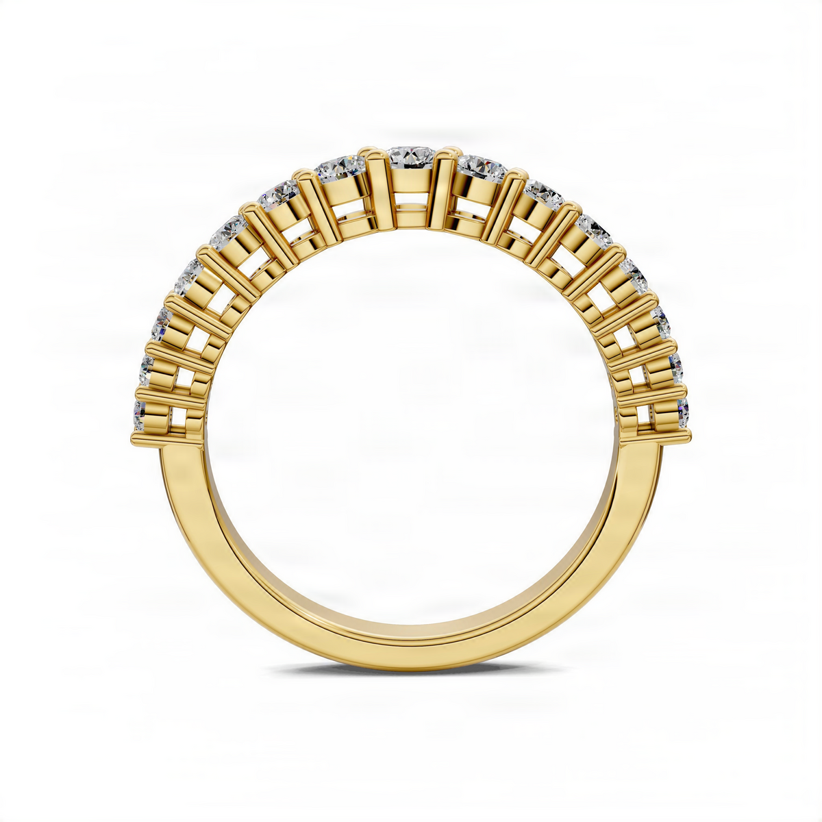 Yellow gold band ring with round diamond-like stones set along the top