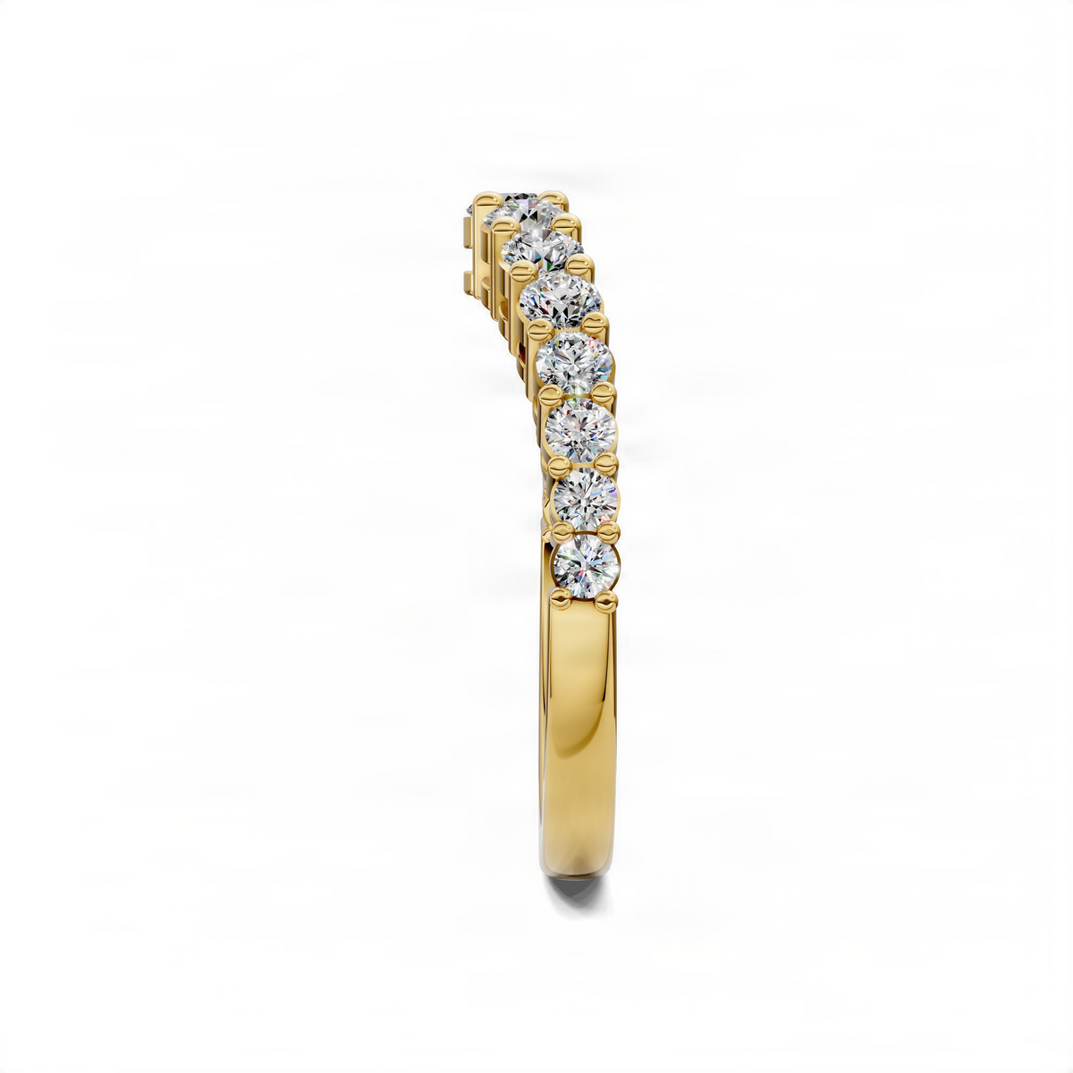 Rose gold eternity ring with round diamond-like stones in bezel settings