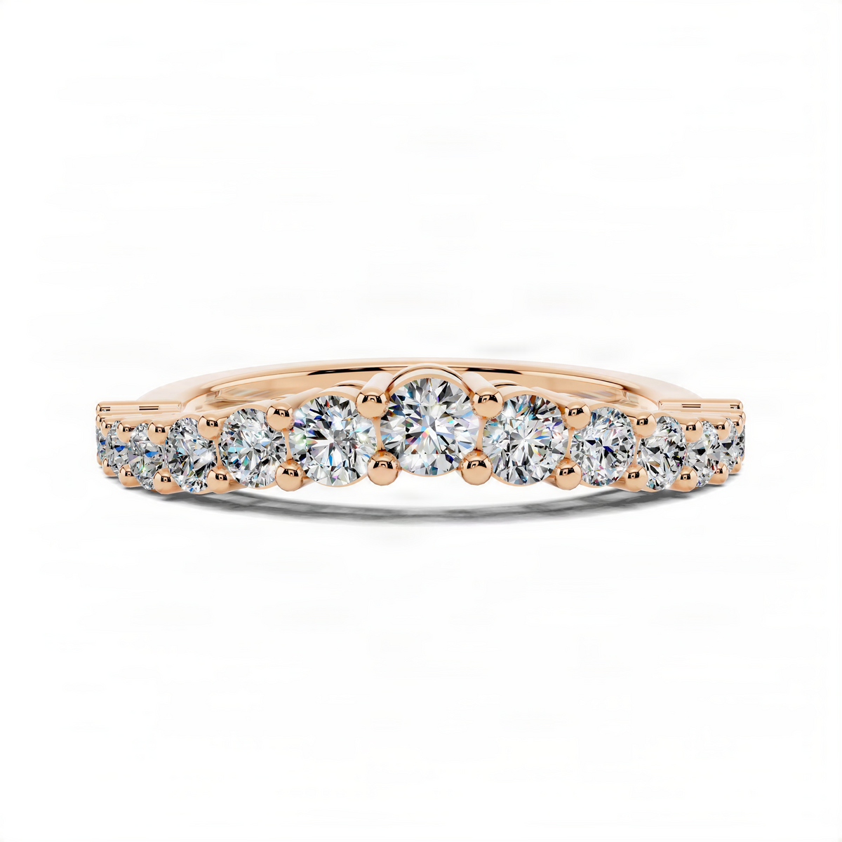 Rose gold slim ring featuring round diamond-like stones across the top