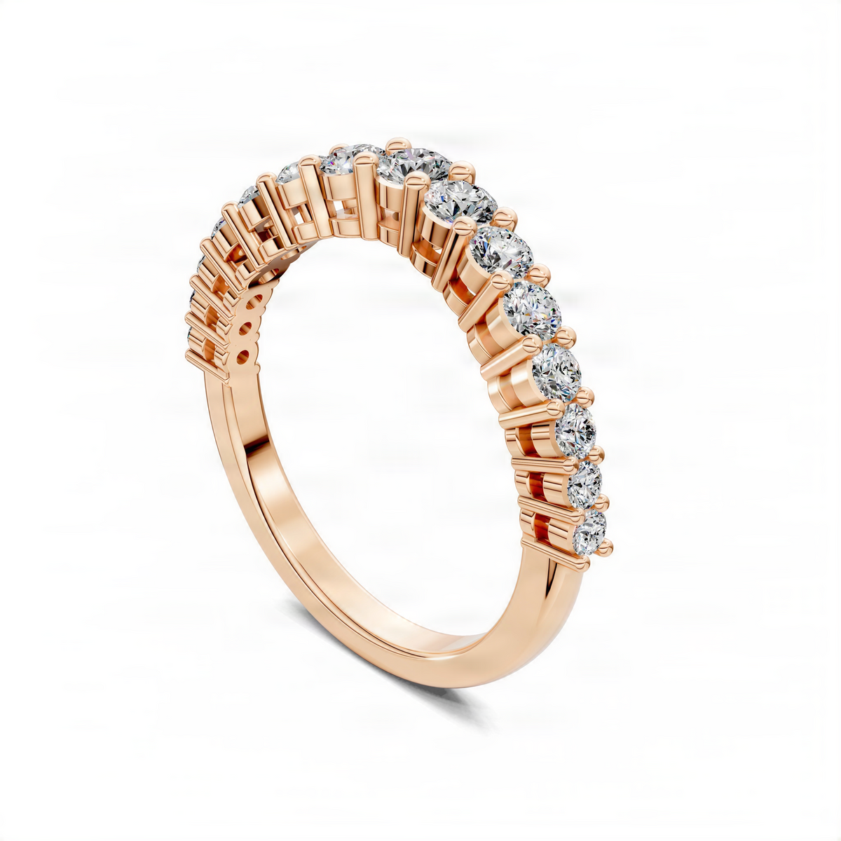 Rose gold eternity ring with round diamond-like stones in bezel settings