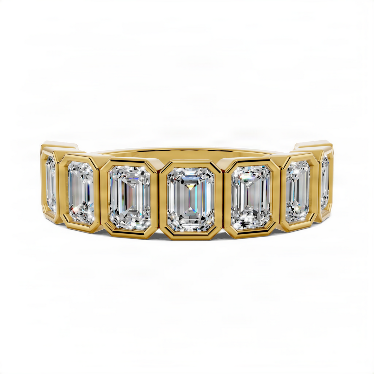 Emerald-cut bezel gemstone band ring in yellow gold with five square-cut stones