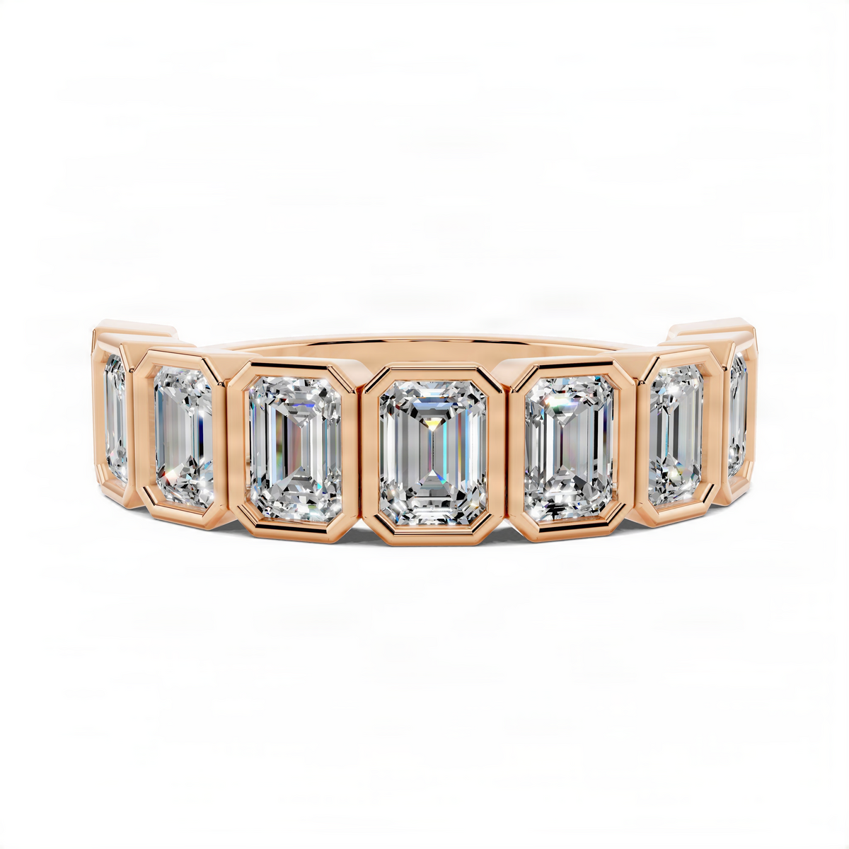 Emerald-cut bezel gemstone band ring in rose gold with five square-cut stones