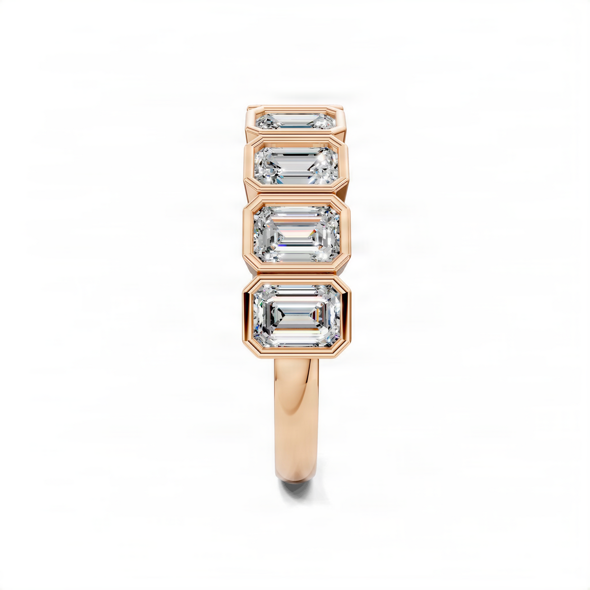 Rose gold bezel emerald-cut band ring with four rectangular clear stones