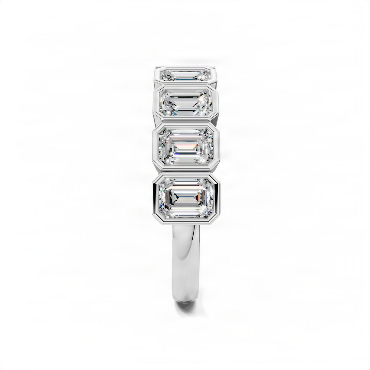 Emerald-cut stone bezel ring in white gold with three stacked square-cut stones