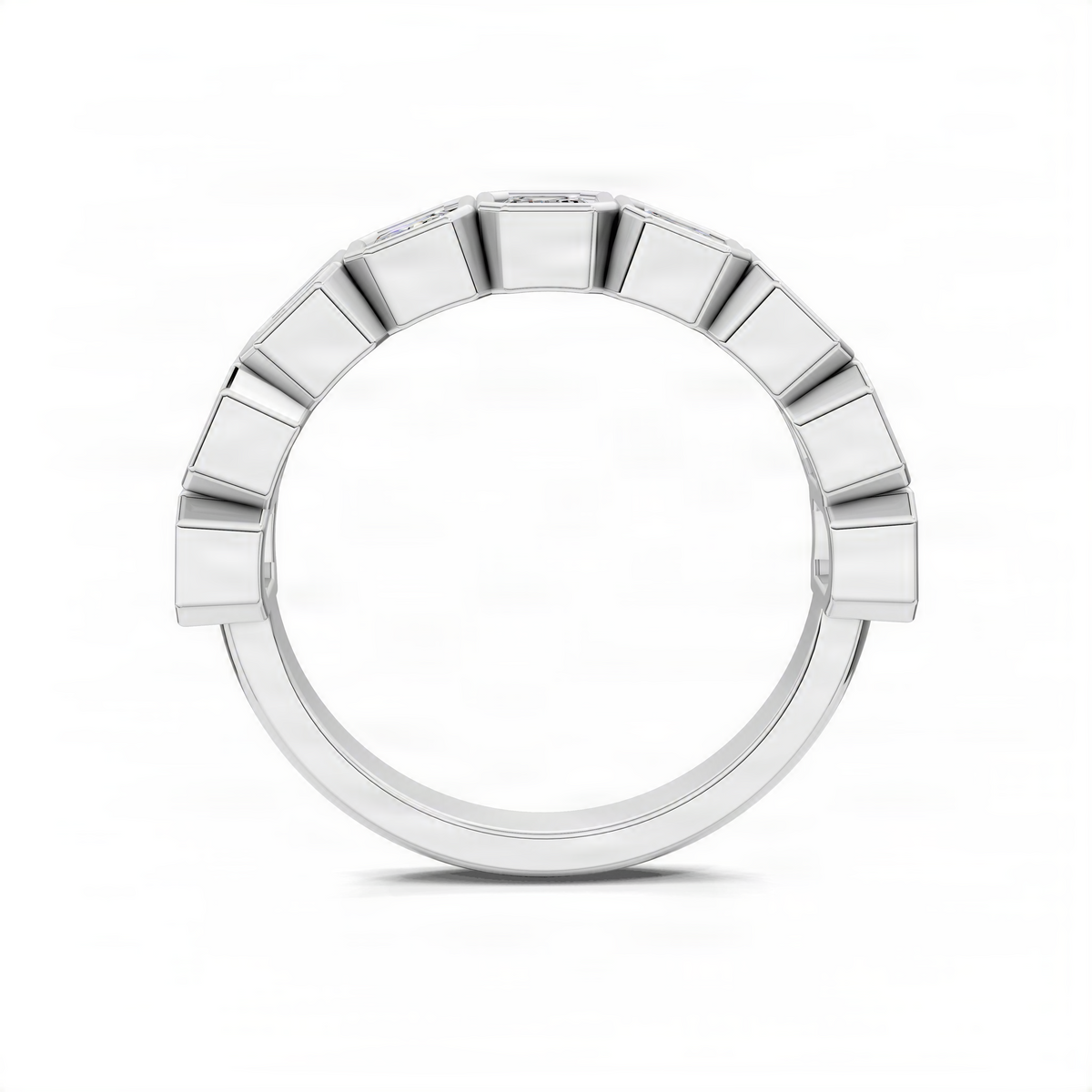 Emerald-cut bezel gemstone band ring in white gold, five bezel settings view