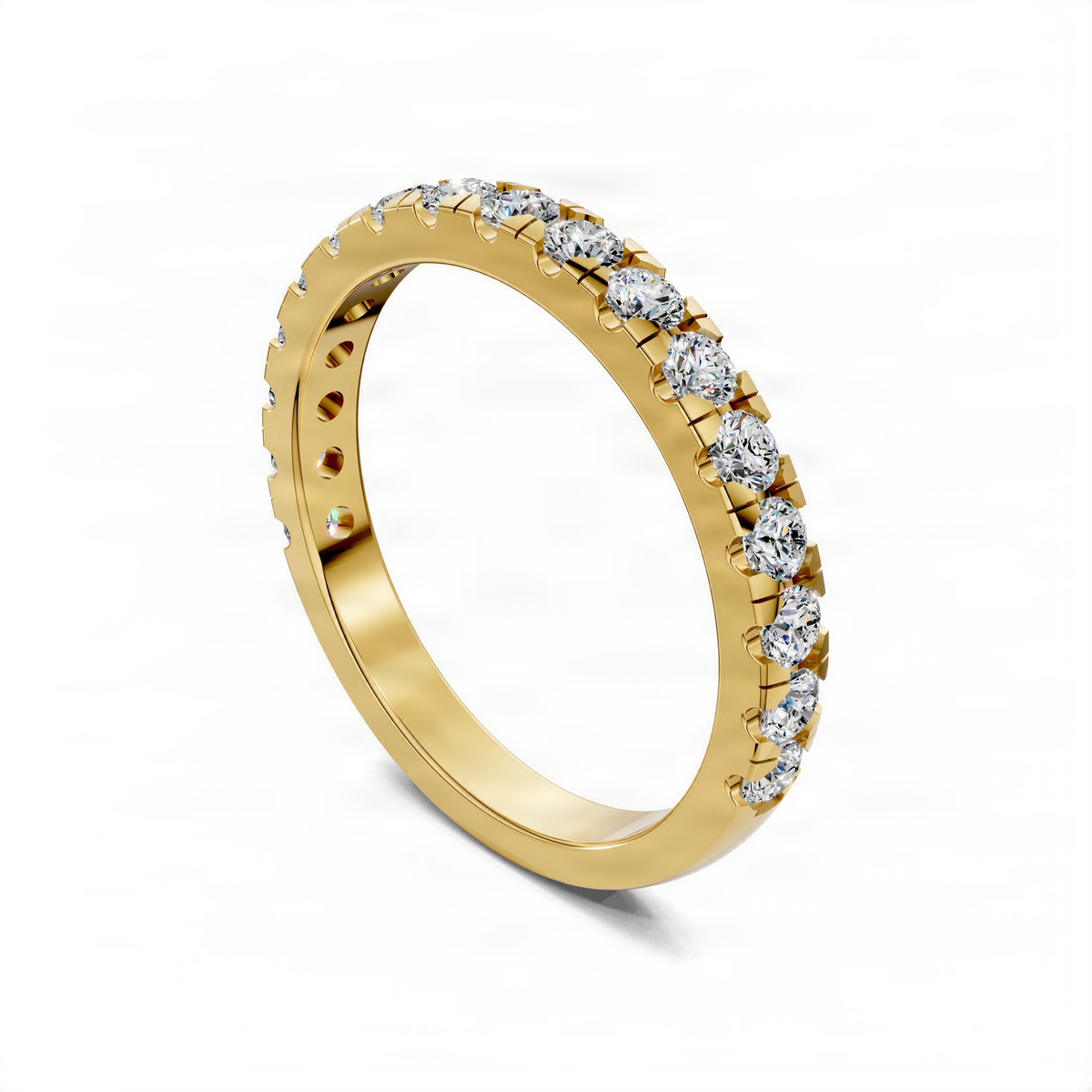 Yellow gold diamond pave band ring shown from the side, with round stones set in rows