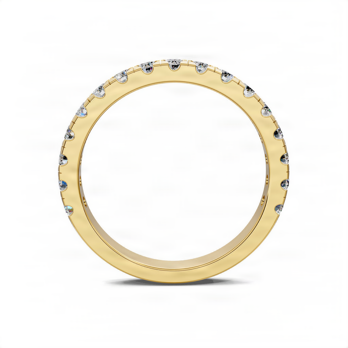 Yellow gold pave band ring top view with round diamond look stones in bezel settings