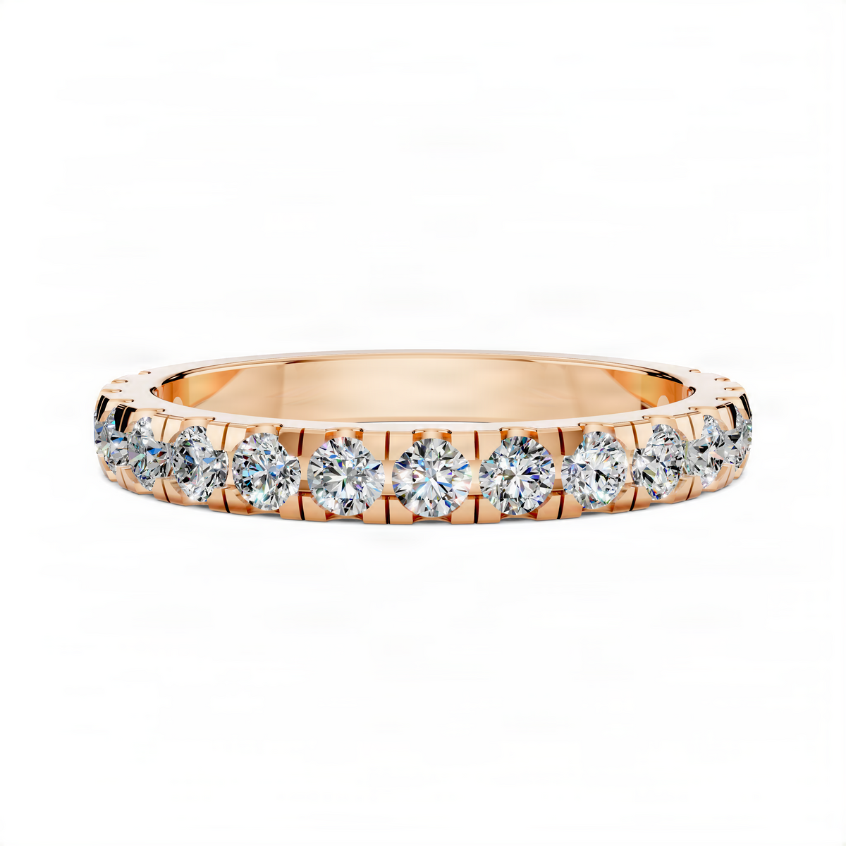 Rose gold pave band ring with round diamond look stones across the top