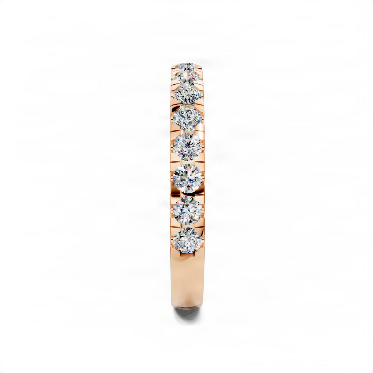 Rose gold pave band ring with vertically set round diamond look stones