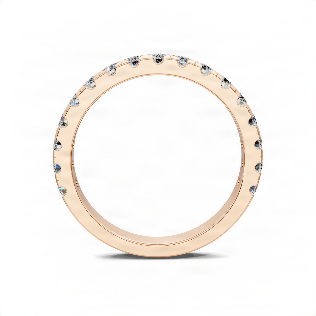 Rose gold pave band ring top view with small round diamond look stones around the outer edge