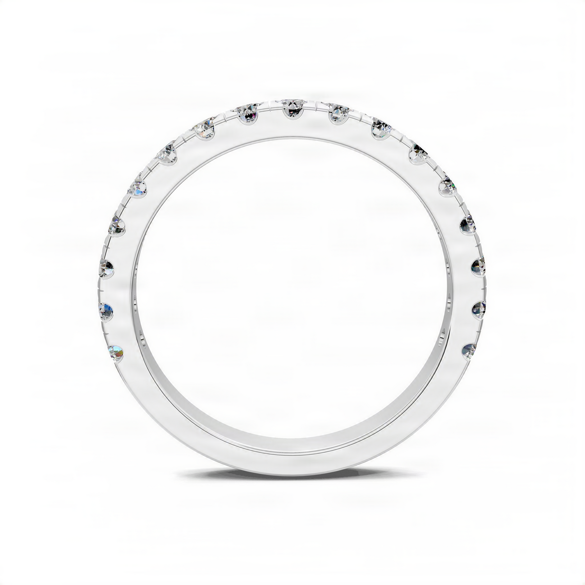 White gold pave band ring top view with small round diamond look stones around bezel settings