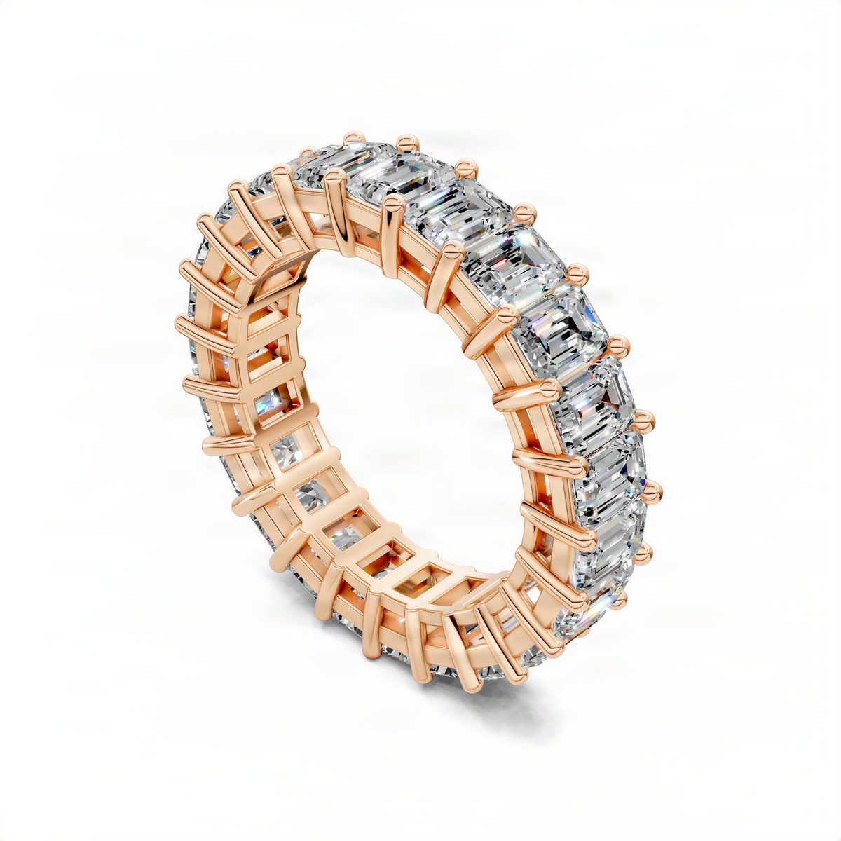 Rose gold eternity band ring with baguette-cut clear stones and linked settings