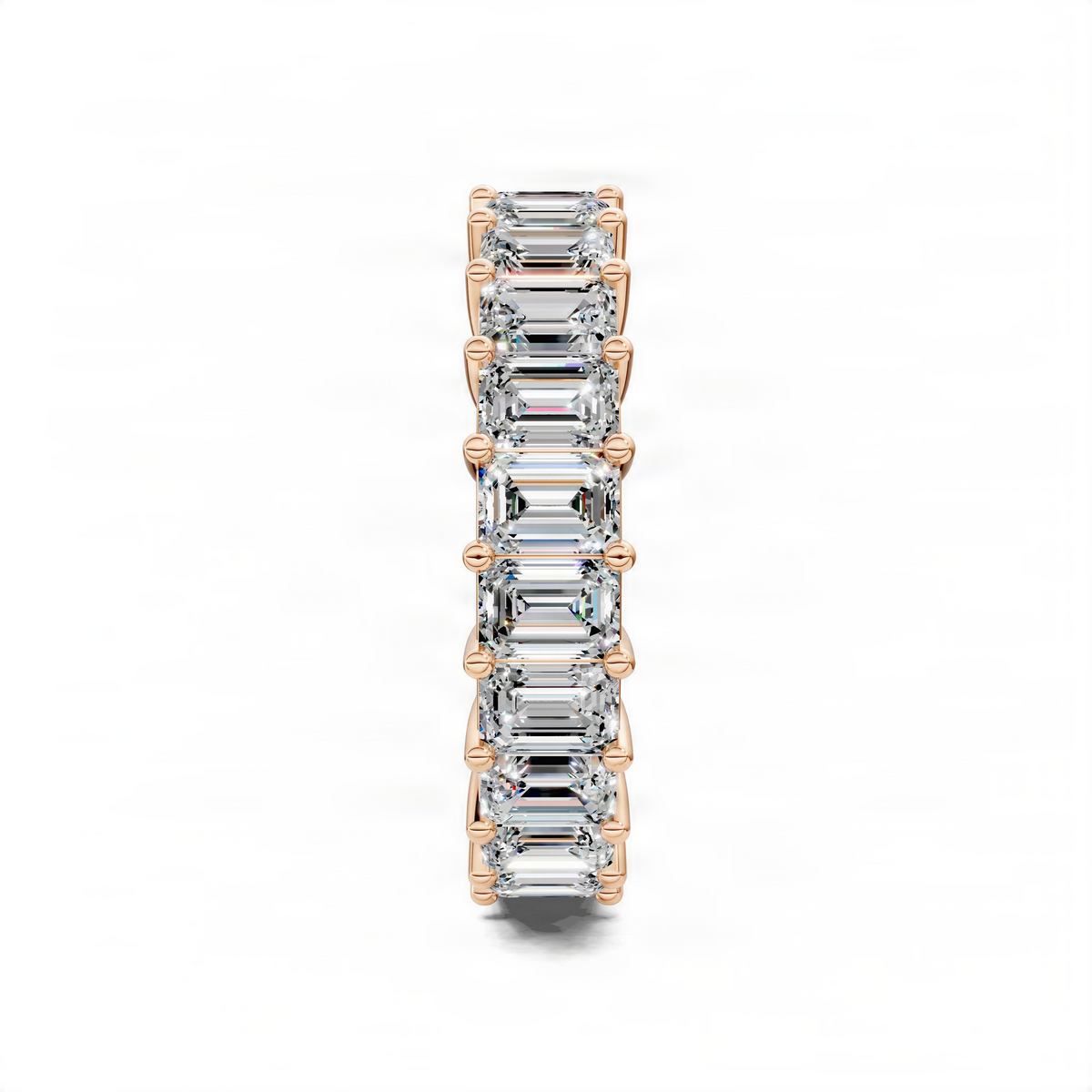 Rose gold baguette-cut eternity band with rectangular clear stones in prong settings