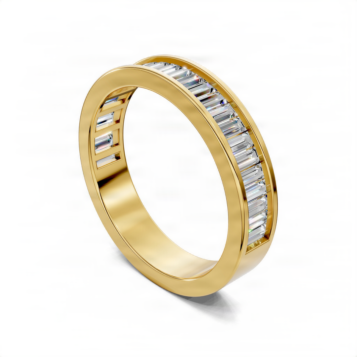 Yellow gold baguette channel-set wedding ring angled view with rectangular stones