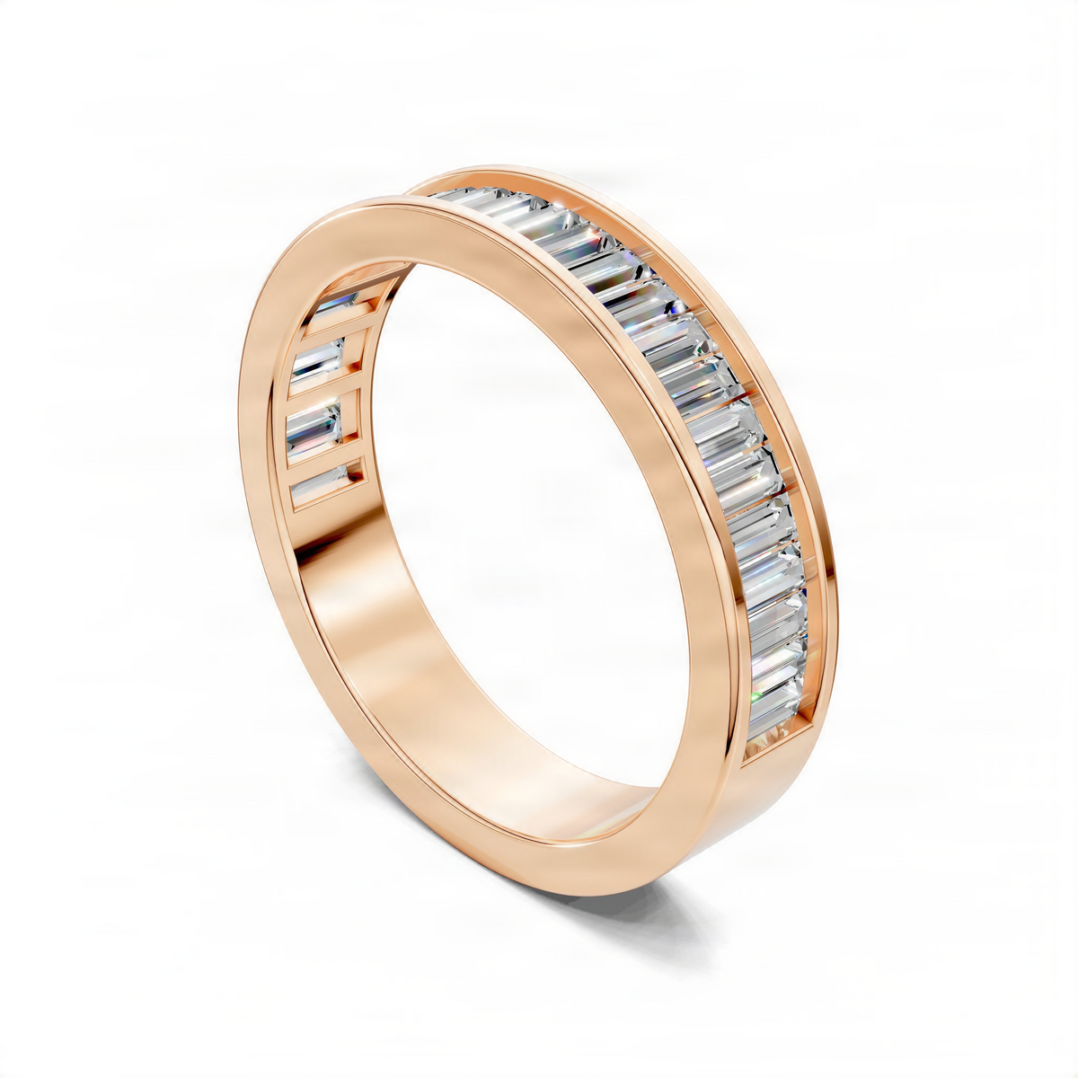 Rose gold baguette channel-set wedding ring viewed from an angle, channel-set stones