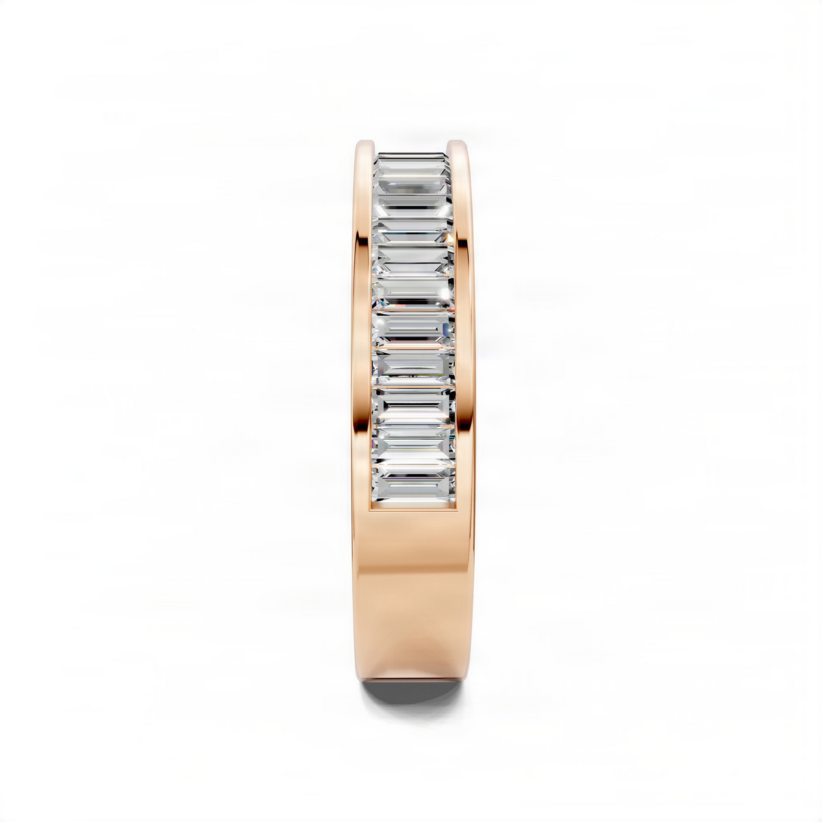 Rose gold baguette channel-set wedding ring side view with rectangular stones